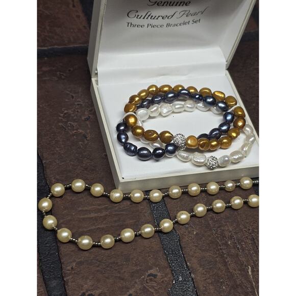Genuine Cultured Pearl Necklace Bracelet Jewelry Set - Picture 3 of 5